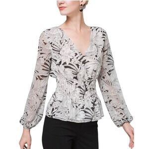 WHBM Long Sleeve Smocked Waist White Black Floral Outline Blouse Size Small